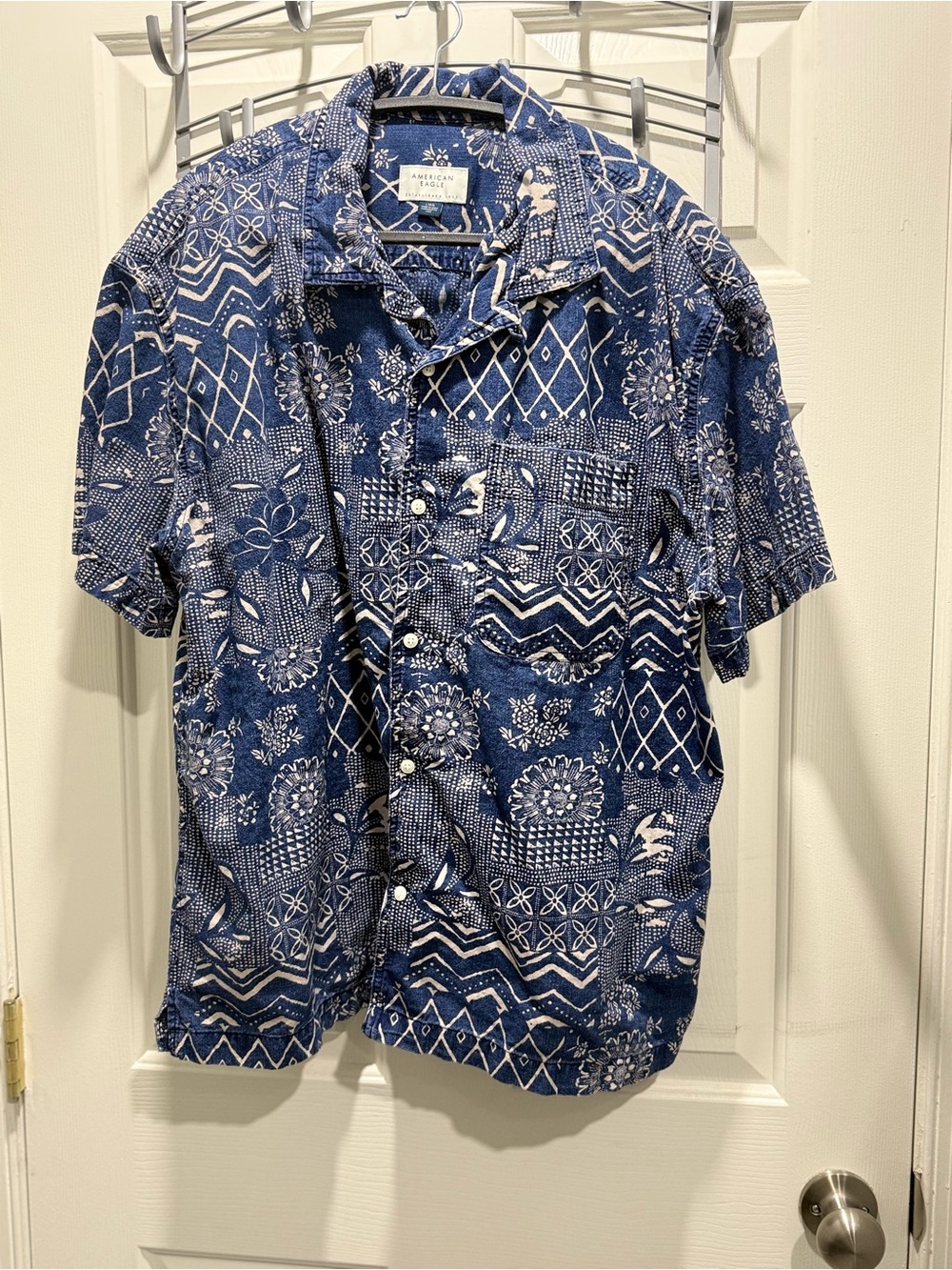 American Eagle Outfitters Navy and White Patchwork Floral Short-Sleeve Button-Up